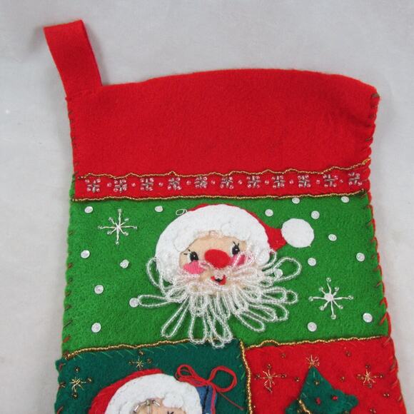 Felt Applique Christmas Stocking Santa Sequins Beads Finished Complete Handsewn - Picture 2 of 9